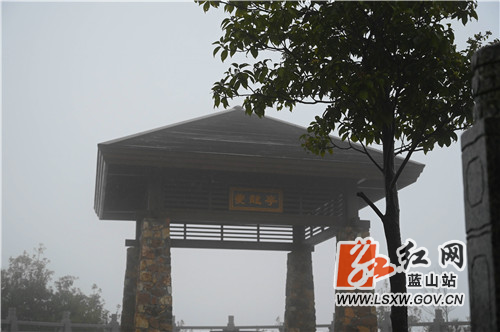 10月31日，蓝山县夔龙山受绵绵秋雨影响，随着海拔的攀升，云雾如纱一般缭绕；在登山的石阶两旁，雨中的红枫湿露露的，楚楚动人；云遮雾绕中的石亭与树木，显得神秘莫测。

近年来，该县大力建设城市小游园，主打生态牌，让市民们出门即可享受到天然的氧吧。