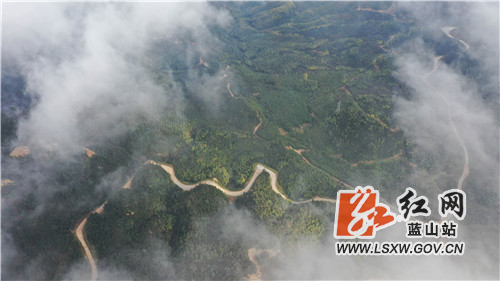 11月19日，航拍蓝山县浆洞瑶族乡西风岭盘山公路，只见通往浆洞瑶族乡的公路在云雾笼罩下若隐若现。
近年来，该县把“四好农村路”建设作为造福全县百姓的民生工程、作为实现县域经济社会高质量发展的战略工程、作为推进乡村振兴的奠基工程来推进，瑶族同胞们从中获得了极大的便利。