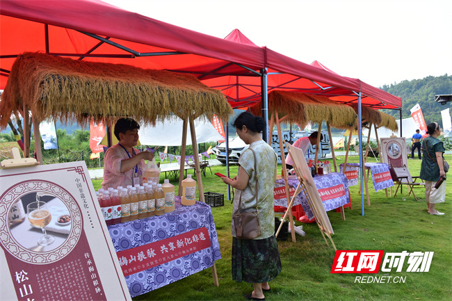 在“传承梅山根脉 共享新化非遗”展示区内，20余家非遗、农特、美食企业现场展销，附近村民、游客欢聚一堂，品味着新化水酒、新化黄精、琅天竹酒、龙湾鱼干等。不少游客还一边悠然品着新化红茶，一边细细欣赏精美的梅山木雕。在传承中华优秀传统文化的同时，让非遗项目转化为精彩的风物风情和舌尖上的美味，扩大了其观赏性和体验性。