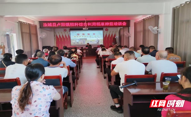 省人大代表、湖南科技大学客座教授邓述东在卢阳镇予乐村会议室讲授稻草种植蘑茹技术.jpg